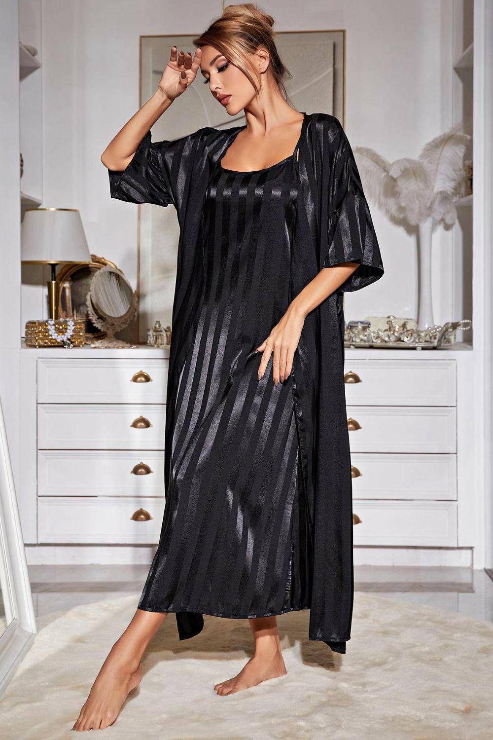 Striped Flounce Sleeve Open Front Robe and Cami Dress Set - Carri's Cache