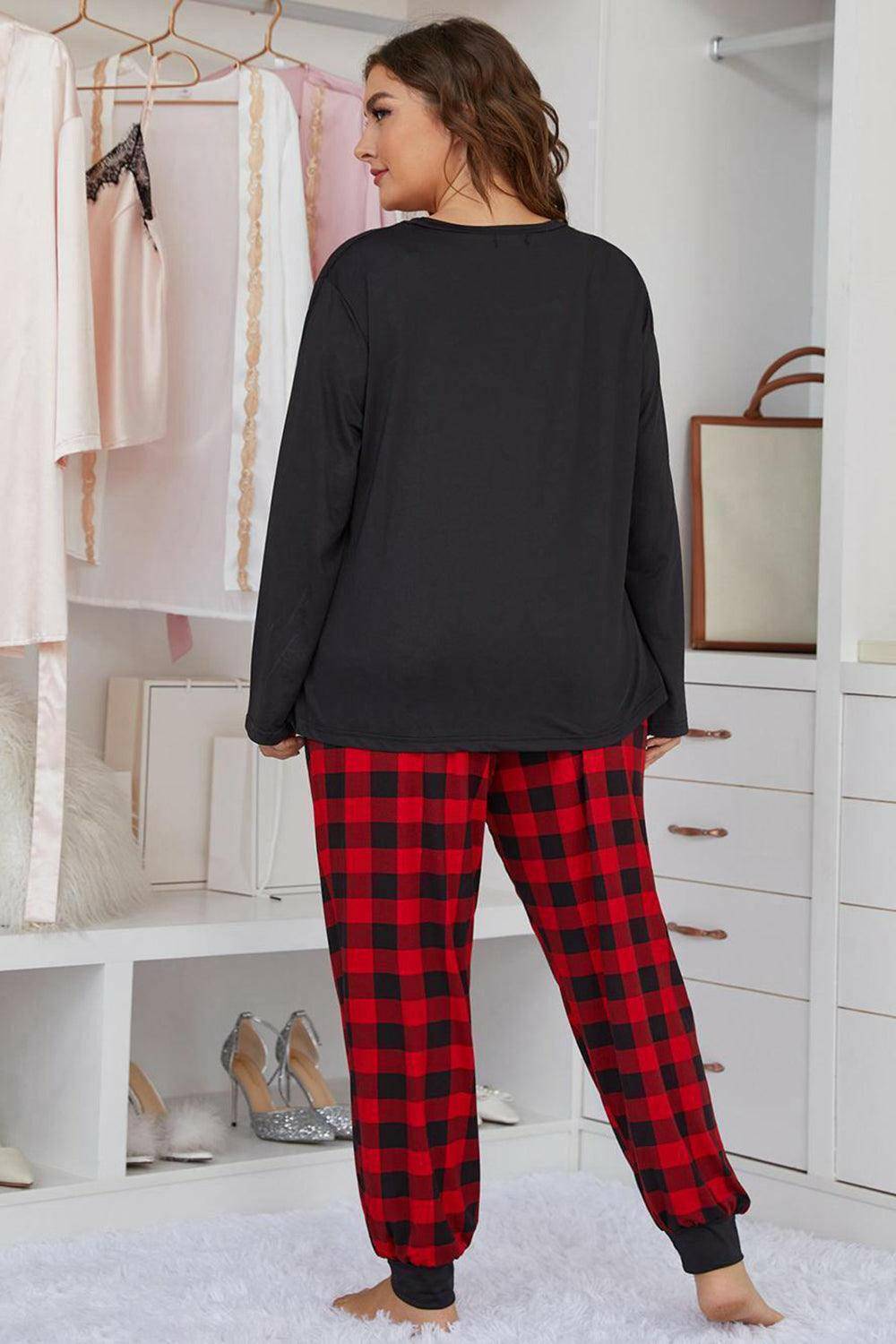 Plus Size Heart Graphic Top and Plaid Joggers Lounge Set - Carri's Cache