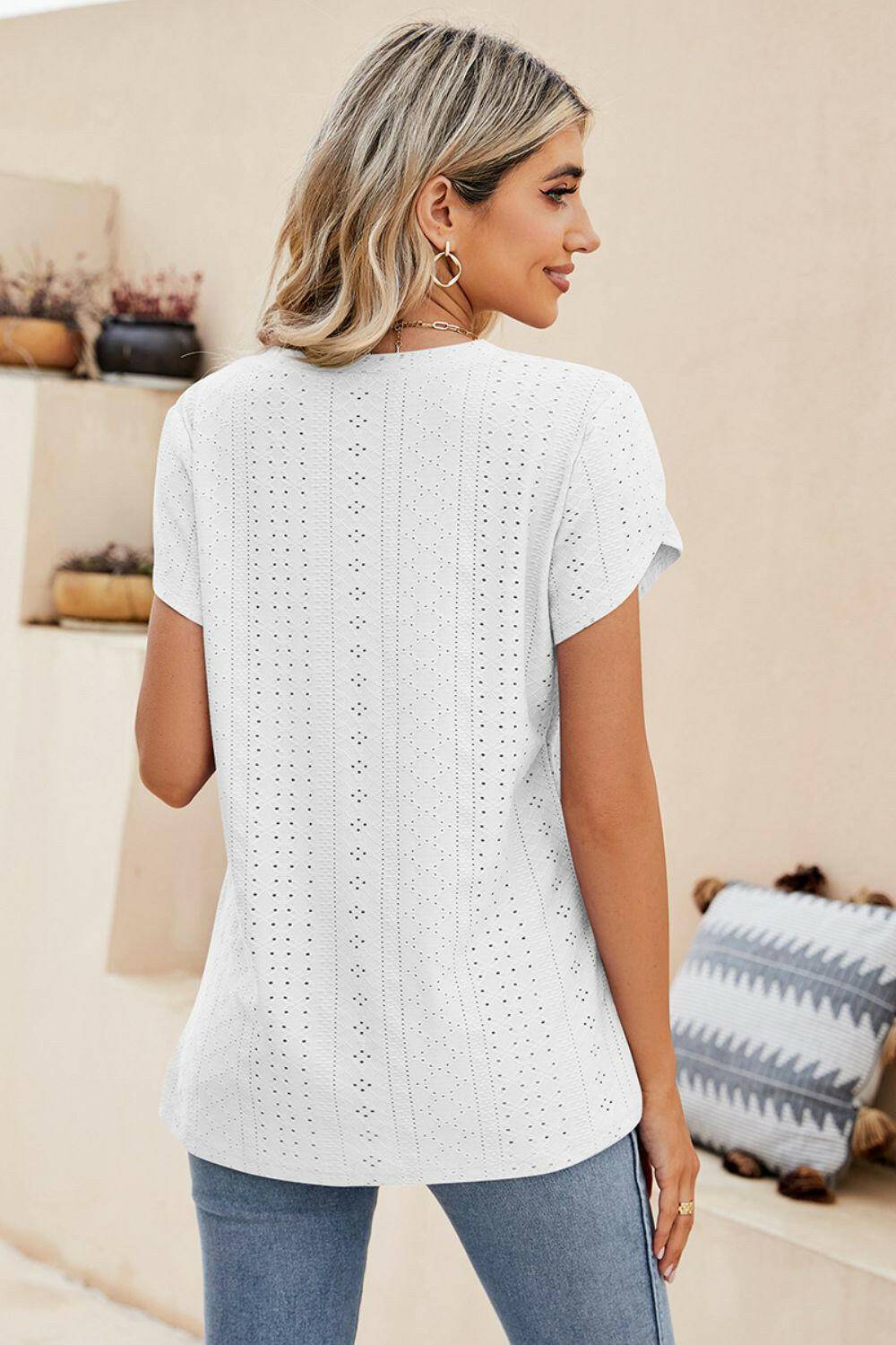 Eyelet Petal Sleeve V-Neck Knit Top.