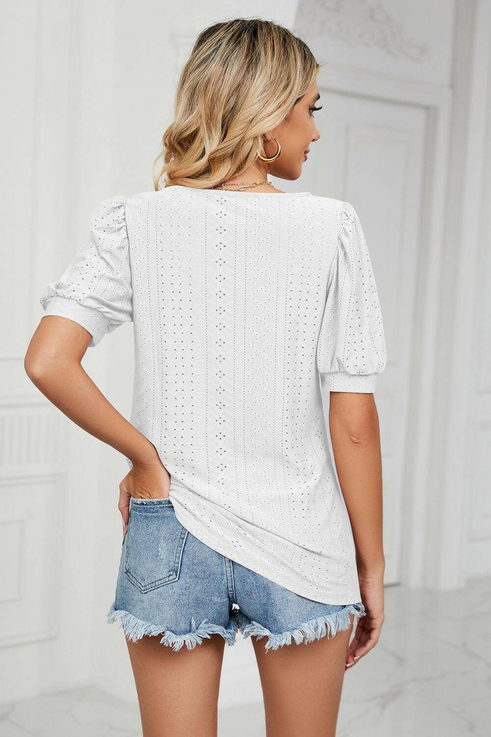 Eyelet Puff Sleeve Round Neck Top.