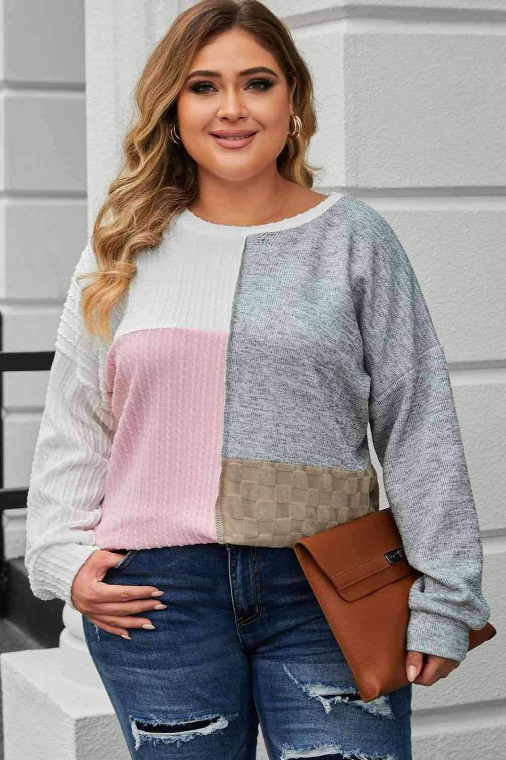 Plus Size Long Sleeve Color Block Top - Carri's Cache