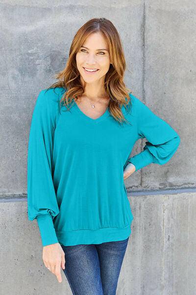 Basic Bae Full Size V-Neck Lantern Sleeve Blouse - Carri's Cache