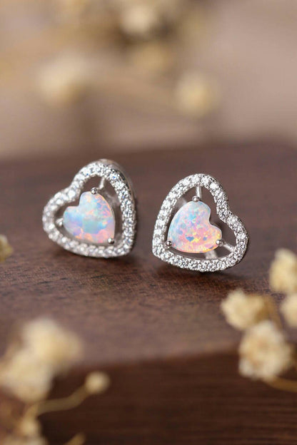 925 Sterling Silver Opal Heart Stud Earrings.