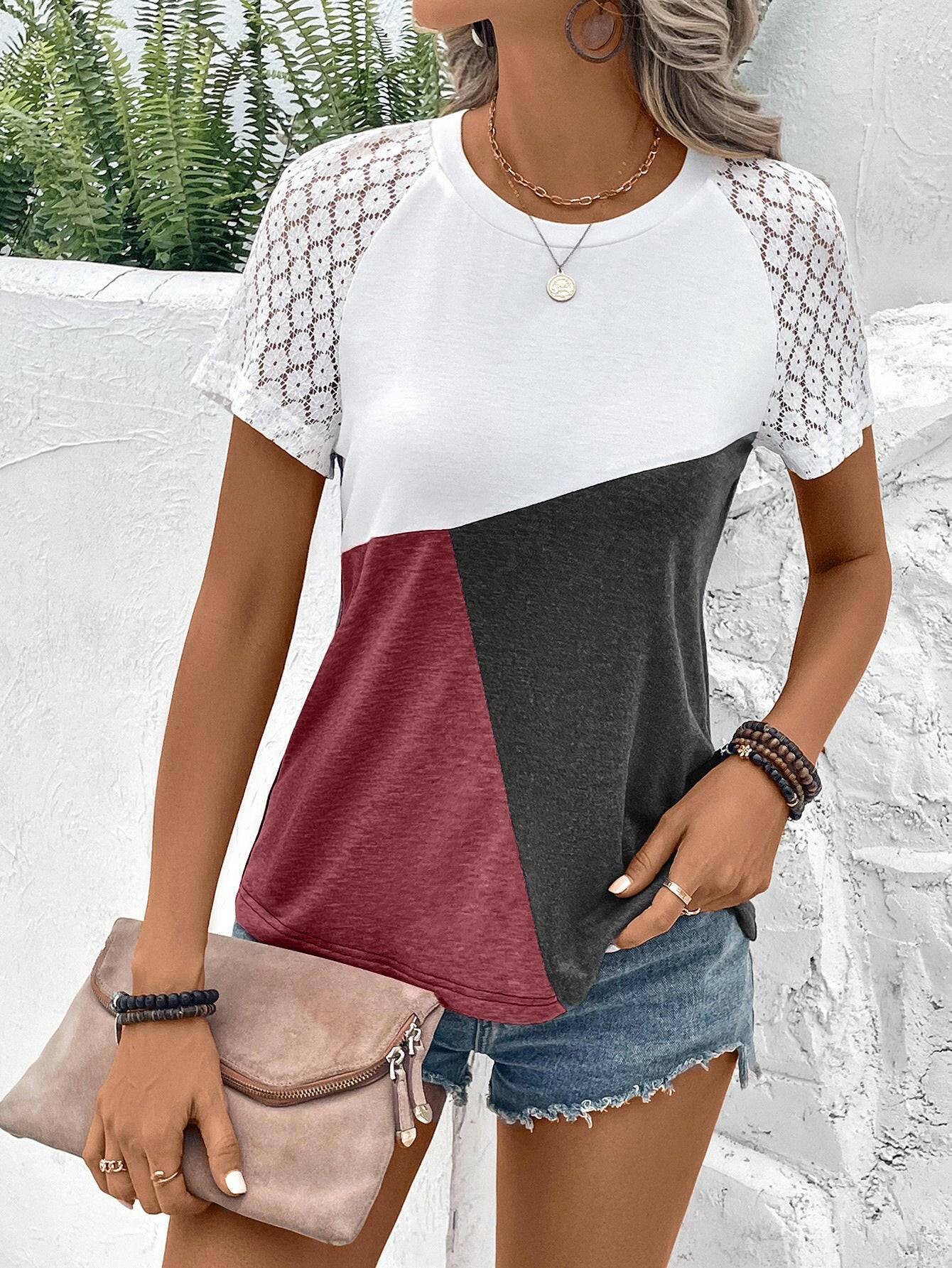 Color Block Raglan Sleeve Round Neck Tee - Carri's Cache