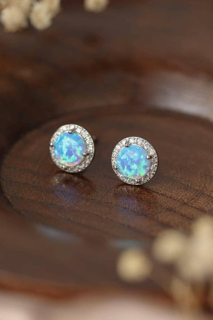 925 Sterling Silver Platinum-Plated Opal Round Stud Earrings.