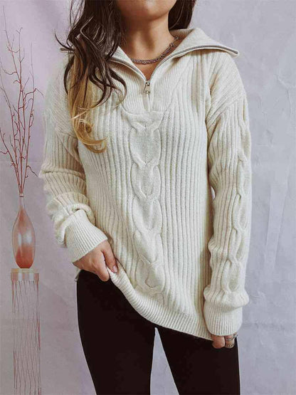 Ribbed Half Zip Long Sleeve Sweater - Carri's Cache