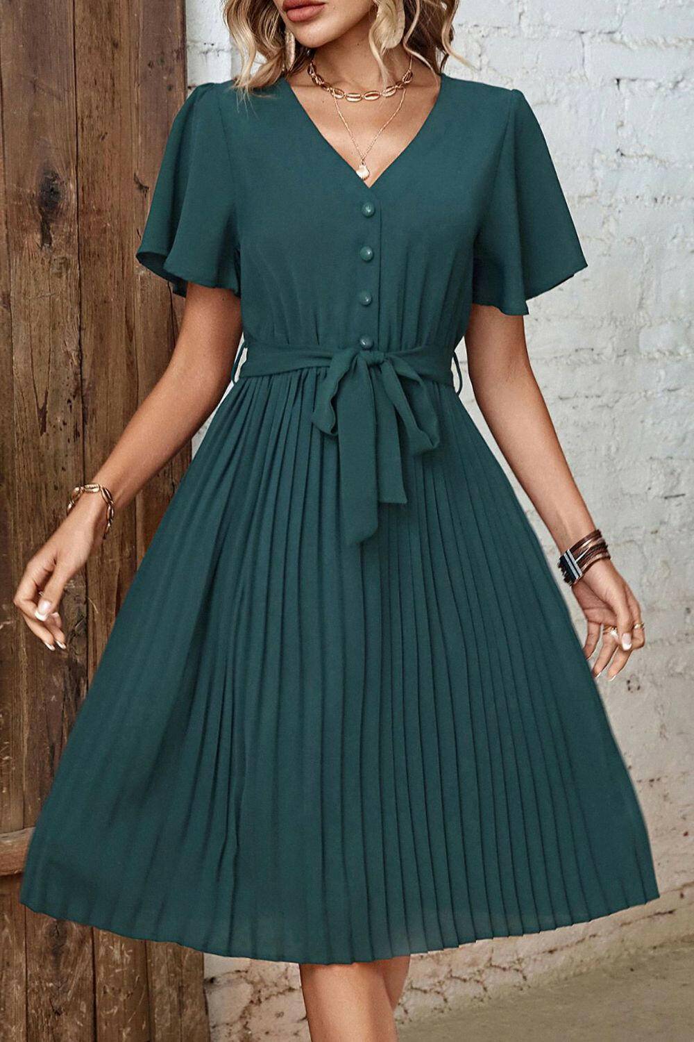 Buttoned V-Neck Flutter Sleeve Pleated Dress.