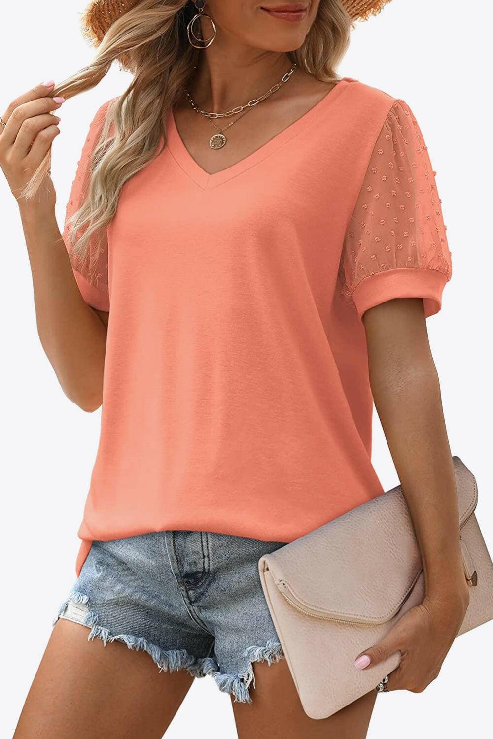 Swiss Dot Puff Sleeve V-Neck Tee - Carri's Cache