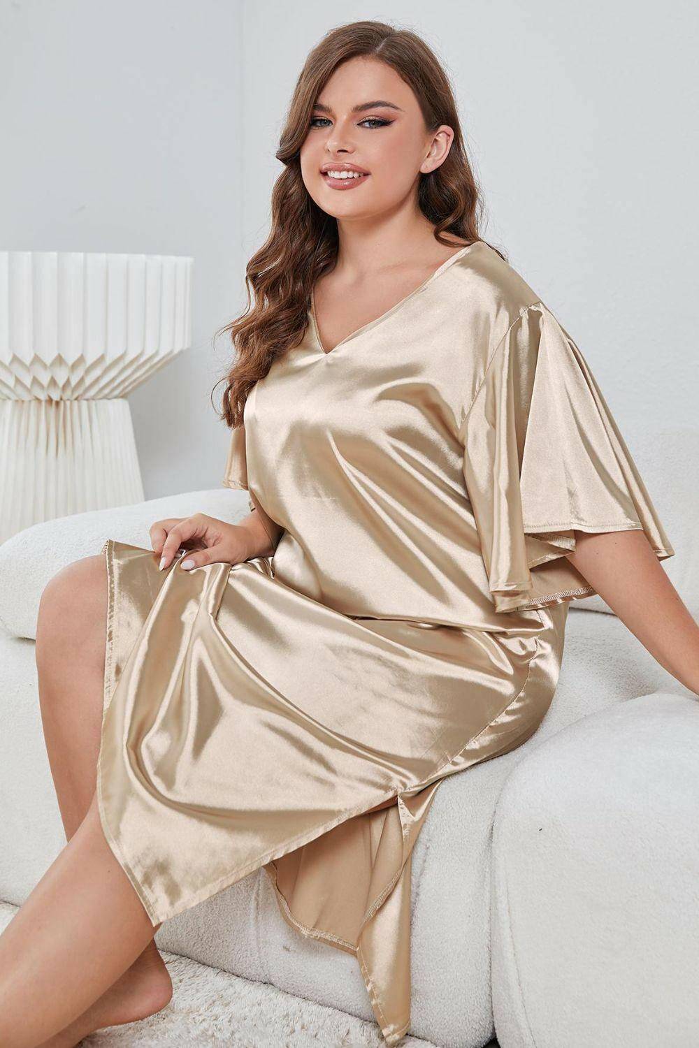 Plus Size Flutter Sleeve V-Neck Side Slit Night Gown - Carri's Cache