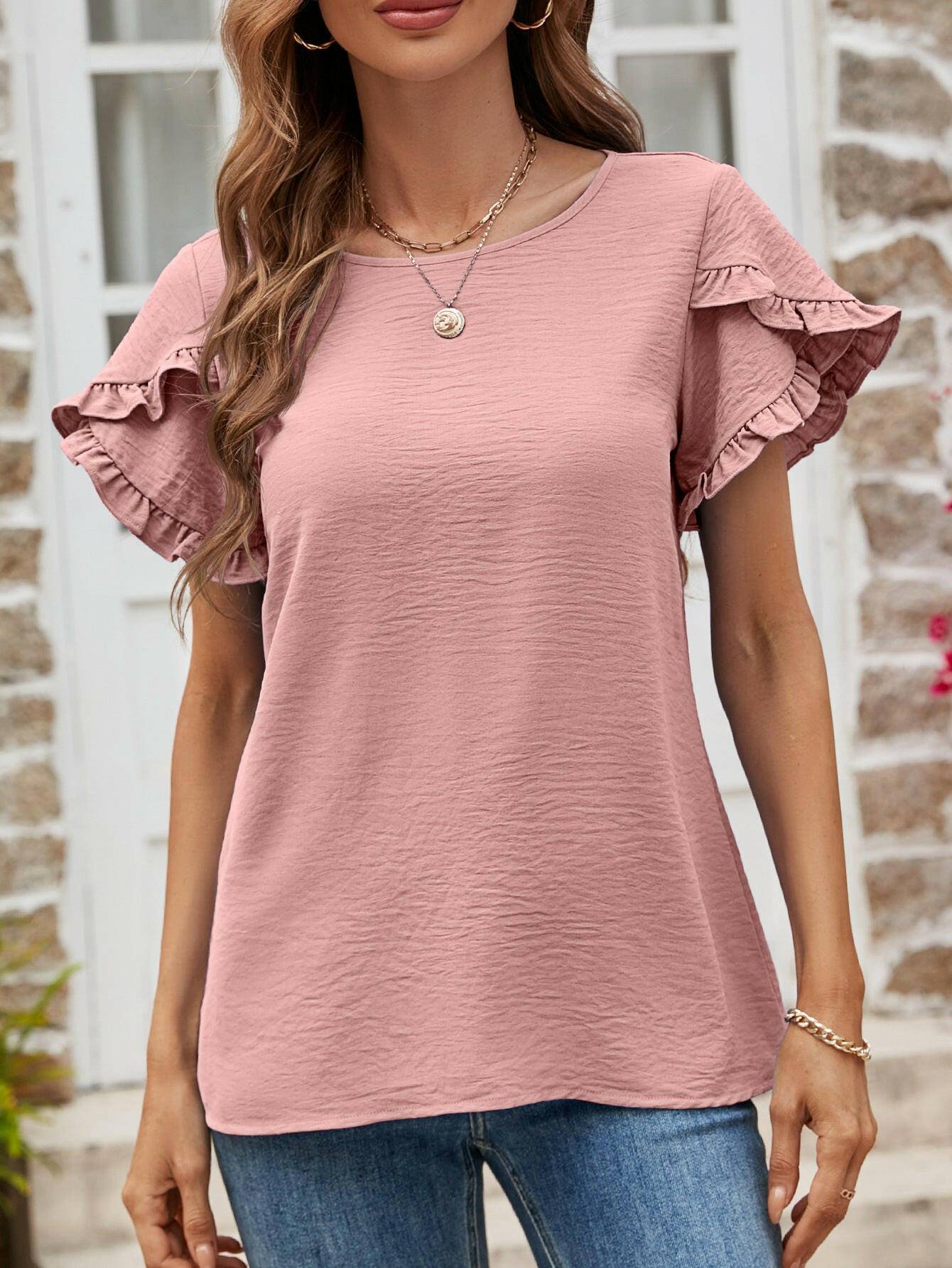 Textured Petal Sleeve Round Neck Tee.