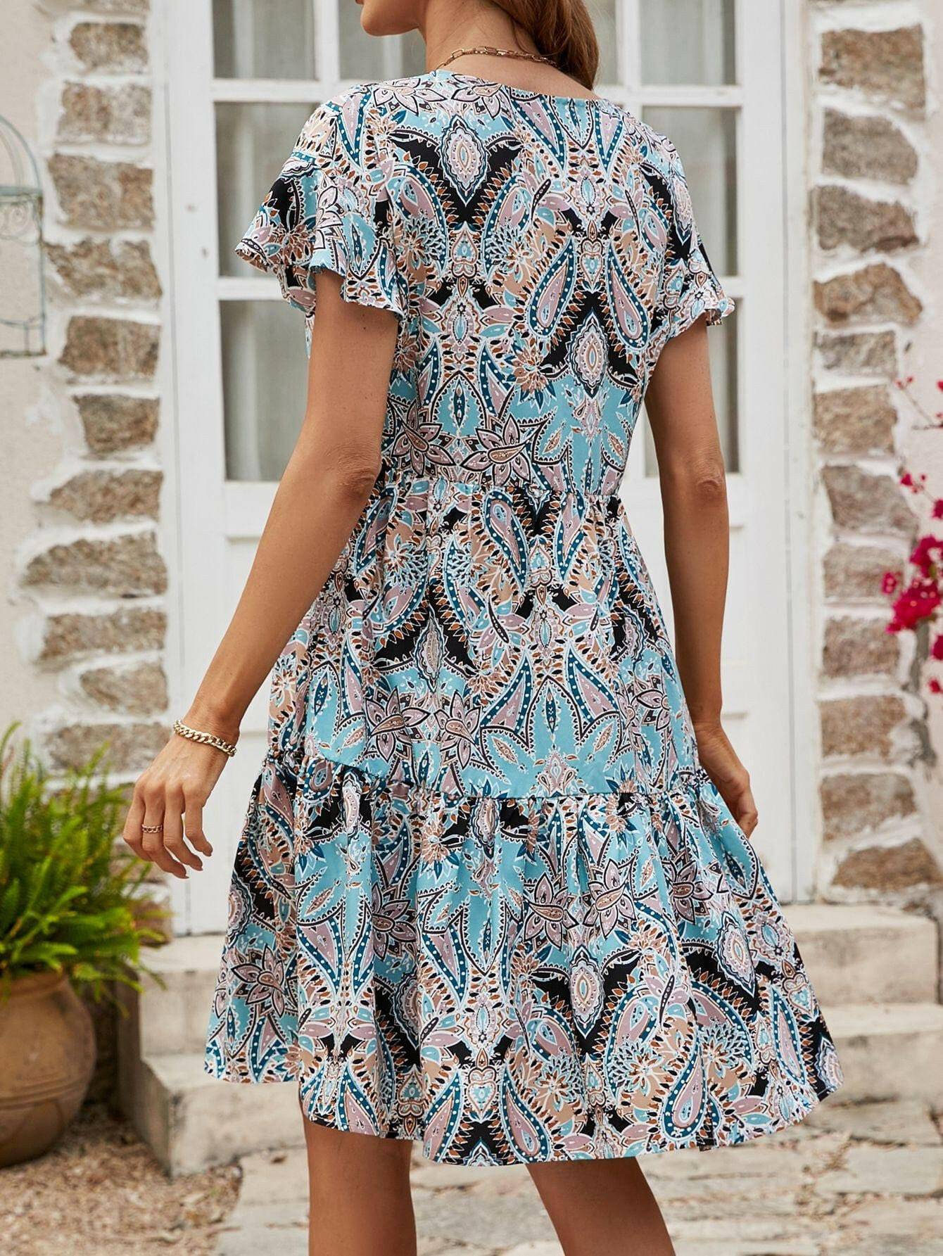 Printed V-Neck Tiered Dress.