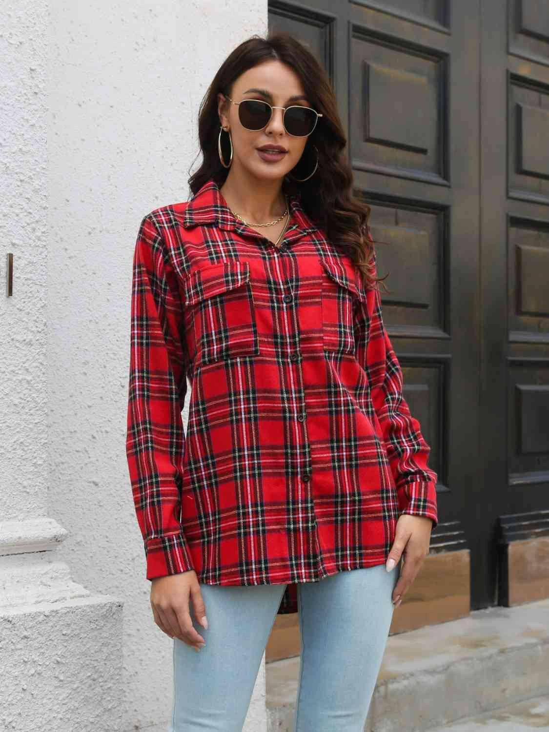 Plaid Collared Neck Buttoned Shirt with Pockets - Carri's Cache