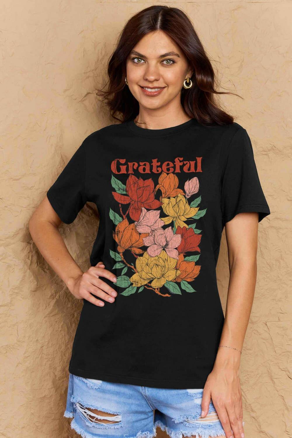 Simply Love Full Size GRATEFUL Flower Graphic Cotton T-Shirt - Carri's Cache