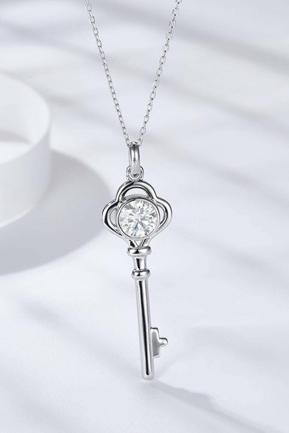 925 Sterling Silver 1 Carat Moissanite Key Pendant Necklace.