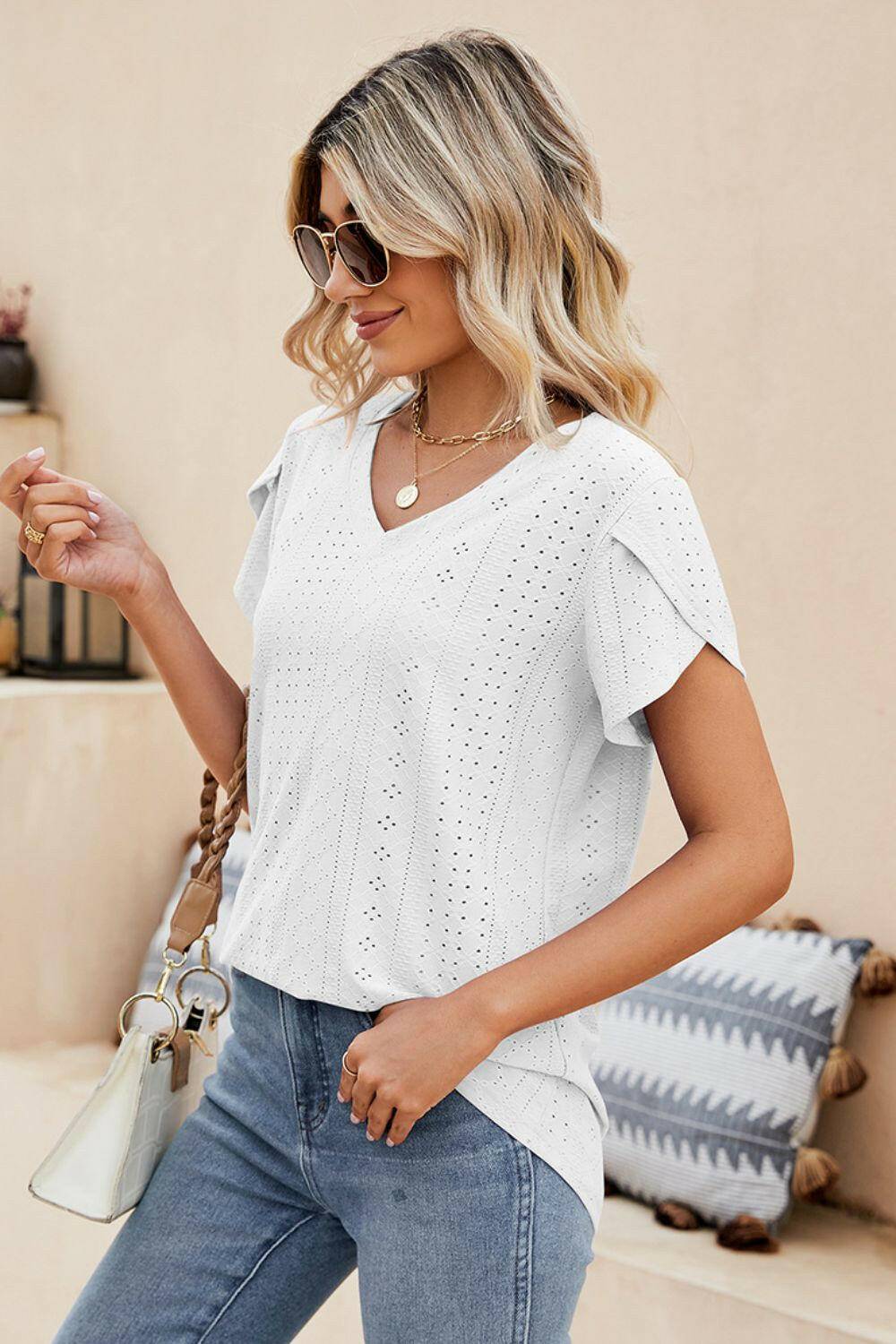 Eyelet Petal Sleeve V-Neck Knit Top.