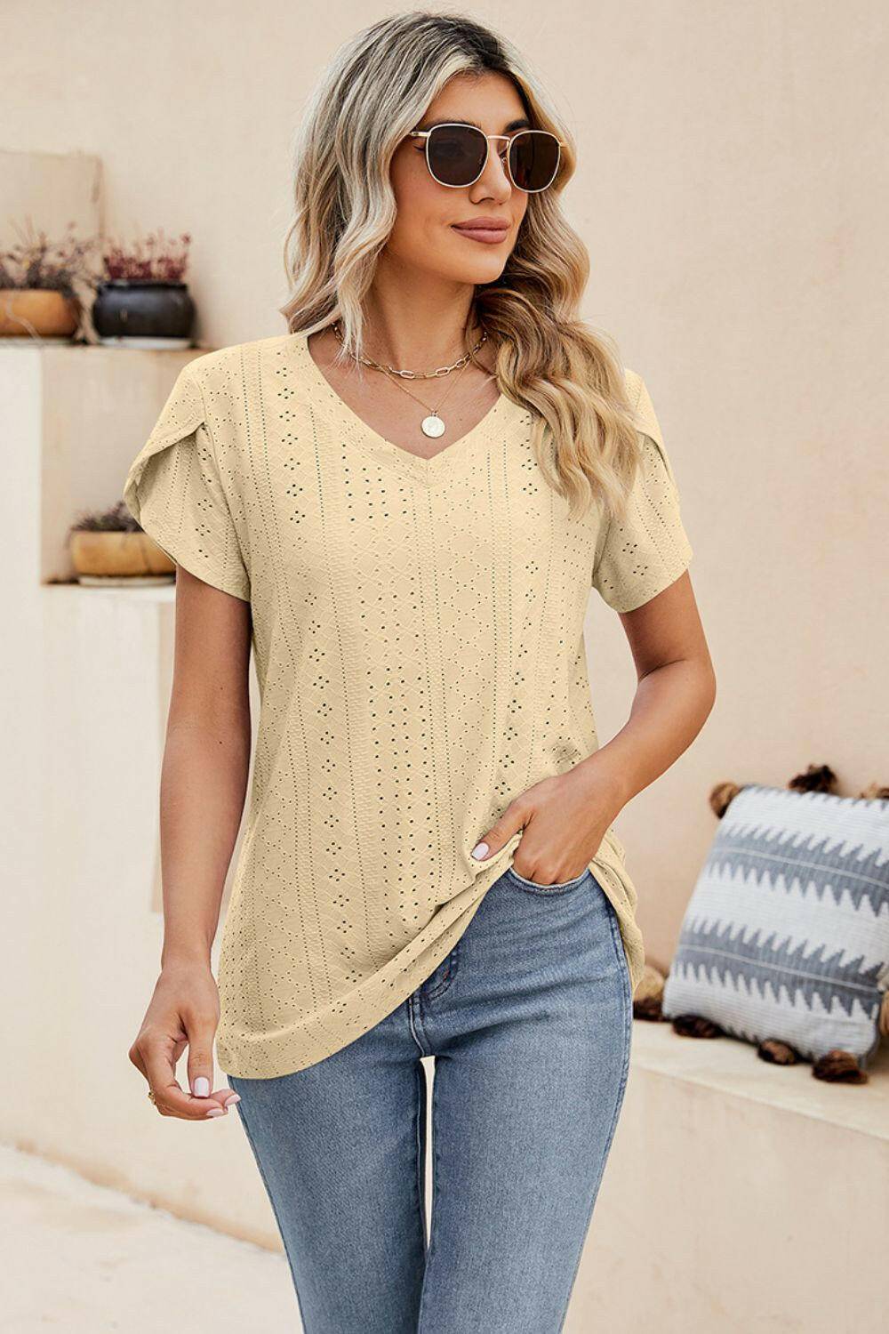 Eyelet Petal Sleeve V-Neck Knit Top.