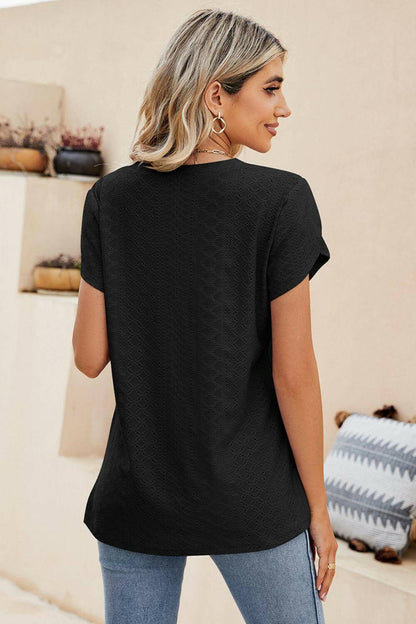 Eyelet Petal Sleeve V-Neck Knit Top.