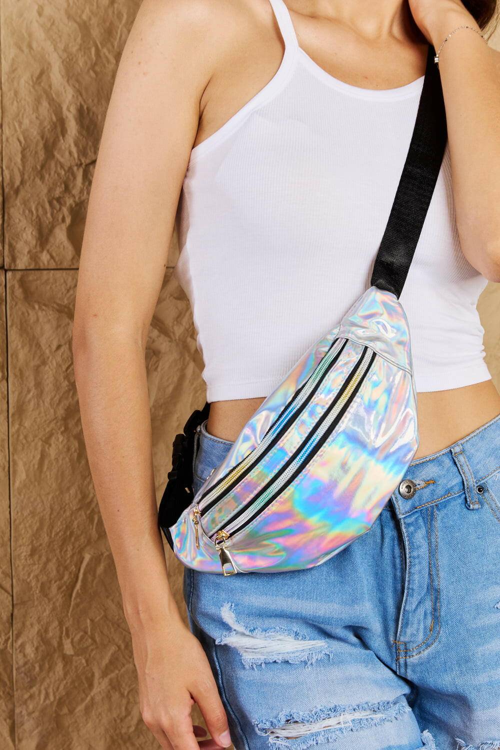 Fame Good Vibrations Holographic Double Zipper Fanny Pack in Silver - Carri's Cache