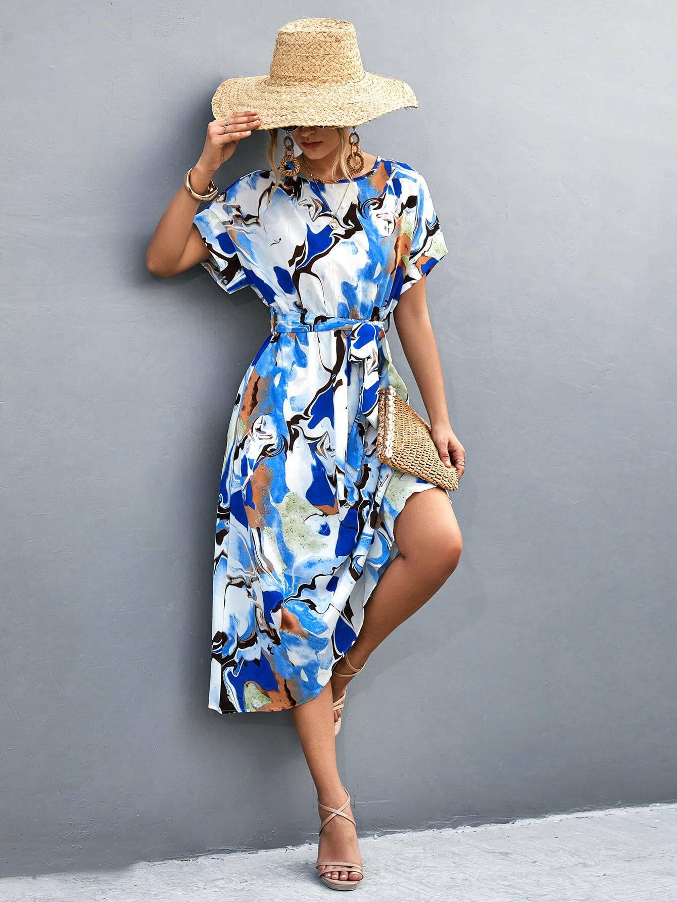 Round Neck Short Sleeve Tie Waist Midi Dress - Carri's Cache