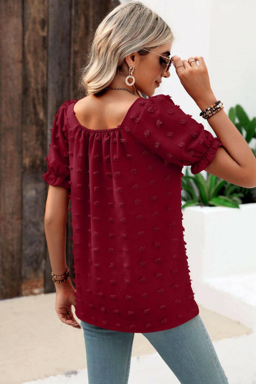 Swiss Dot Puff Sleeve Square Neck Blouse.