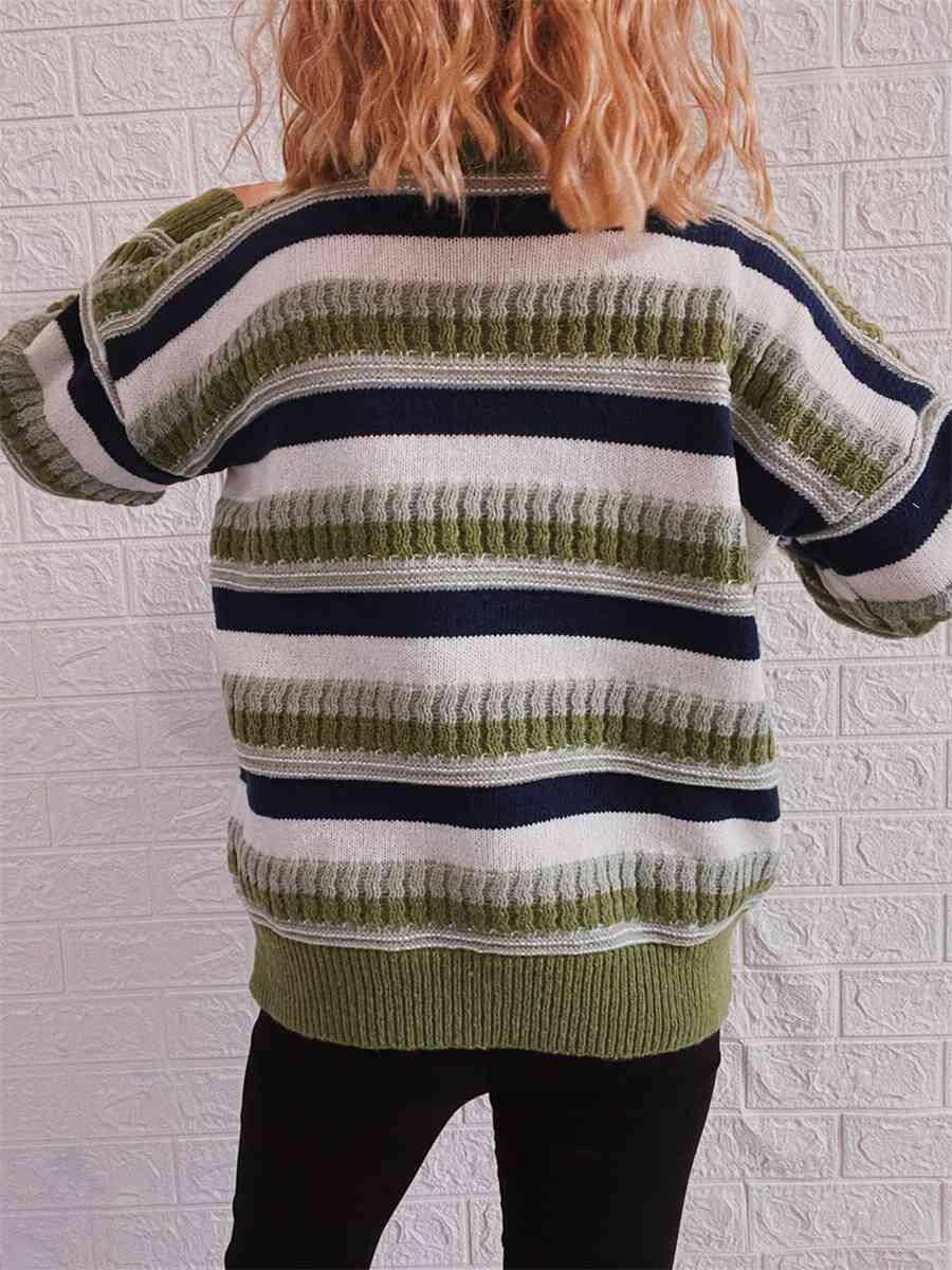 Striped Drop Shoulder Round Neck Sweater - Carri's Cache