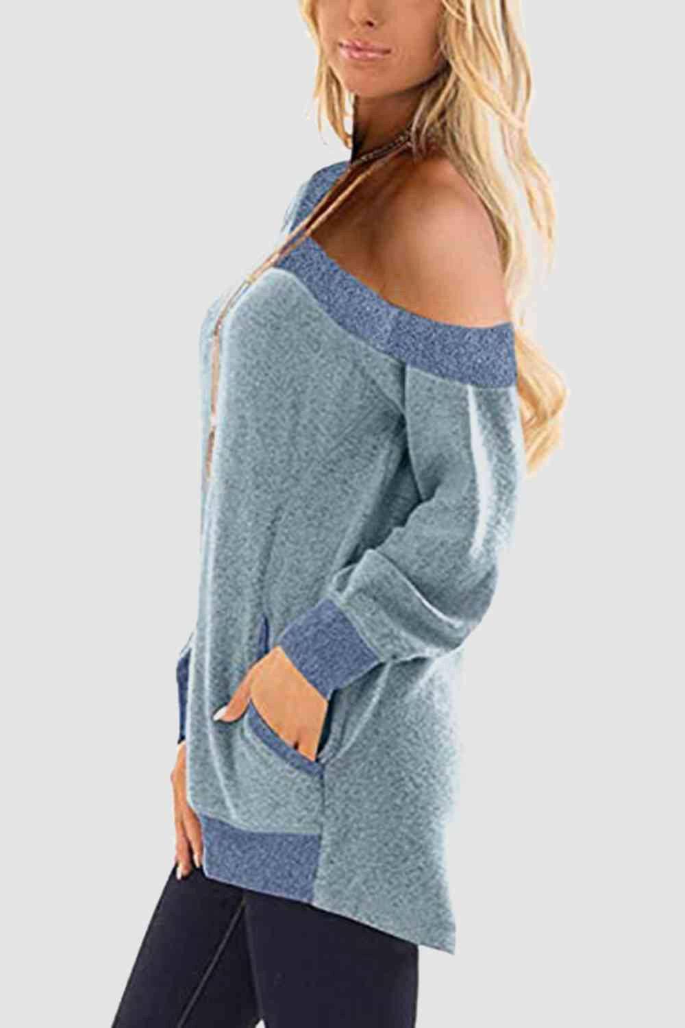 V-Neck Long Sleeve Sweatshirt with Pockets - Carri's Cache