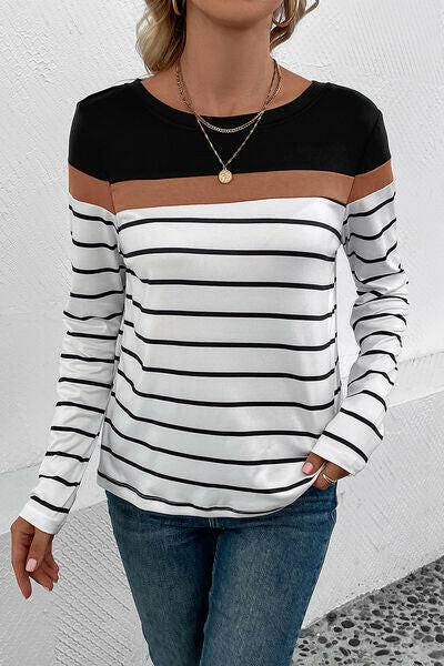 Striped Round Neck Long Sleeve T-Shirt - Carri's Cache