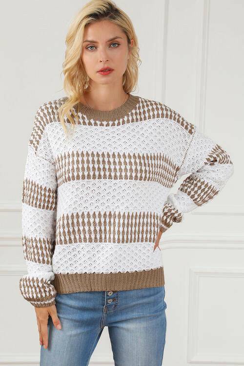 Striped Round Neck Long Sleeve Knit Top - Carri's Cache