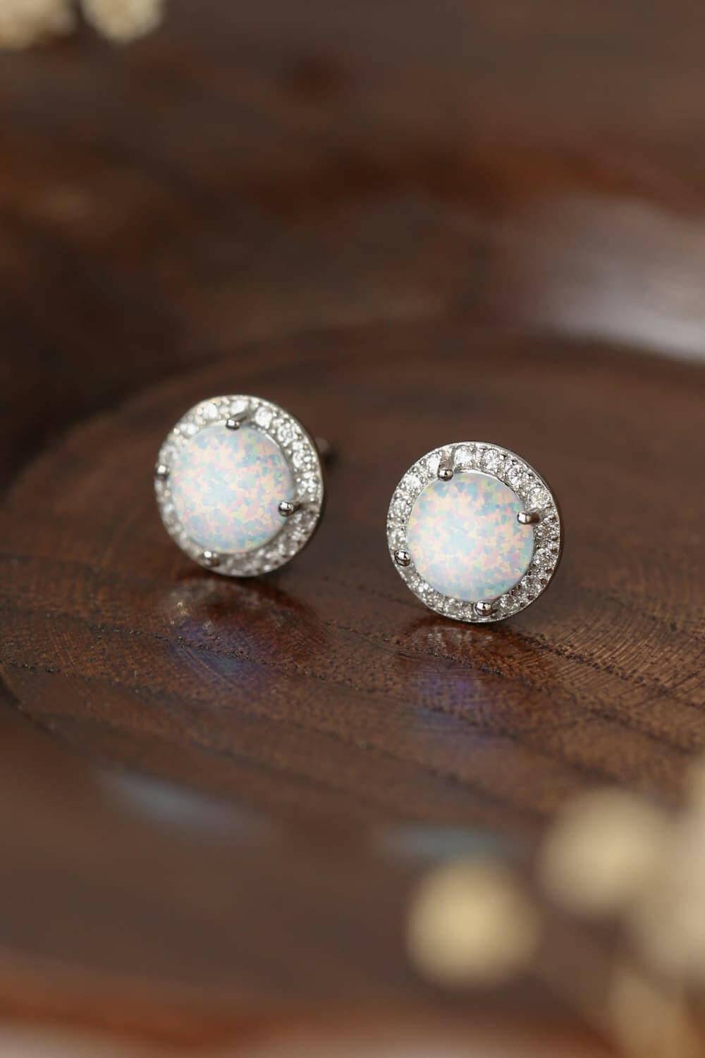 925 Sterling Silver Platinum-Plated Opal Round Stud Earrings.