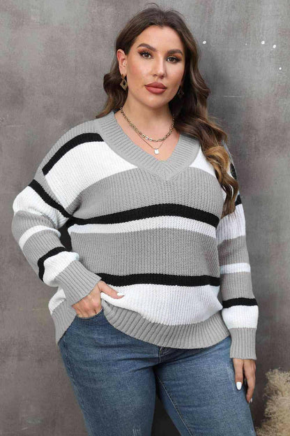 Plus Size Striped V-Neck Dropped Shoulder Sweater - Carri's Cache