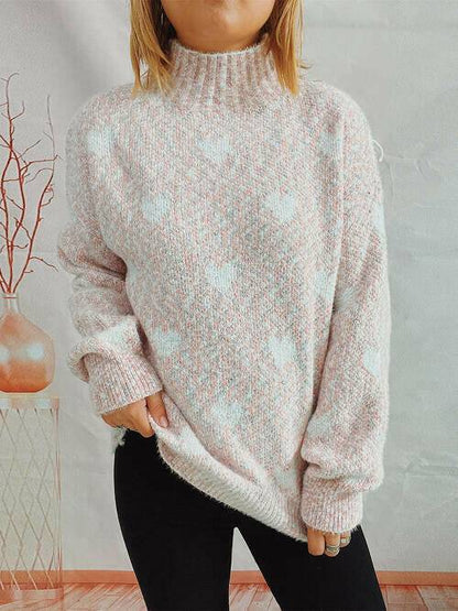 Heart Heathered Turtleneck Drop Shoulder Sweater - Carri's Cache