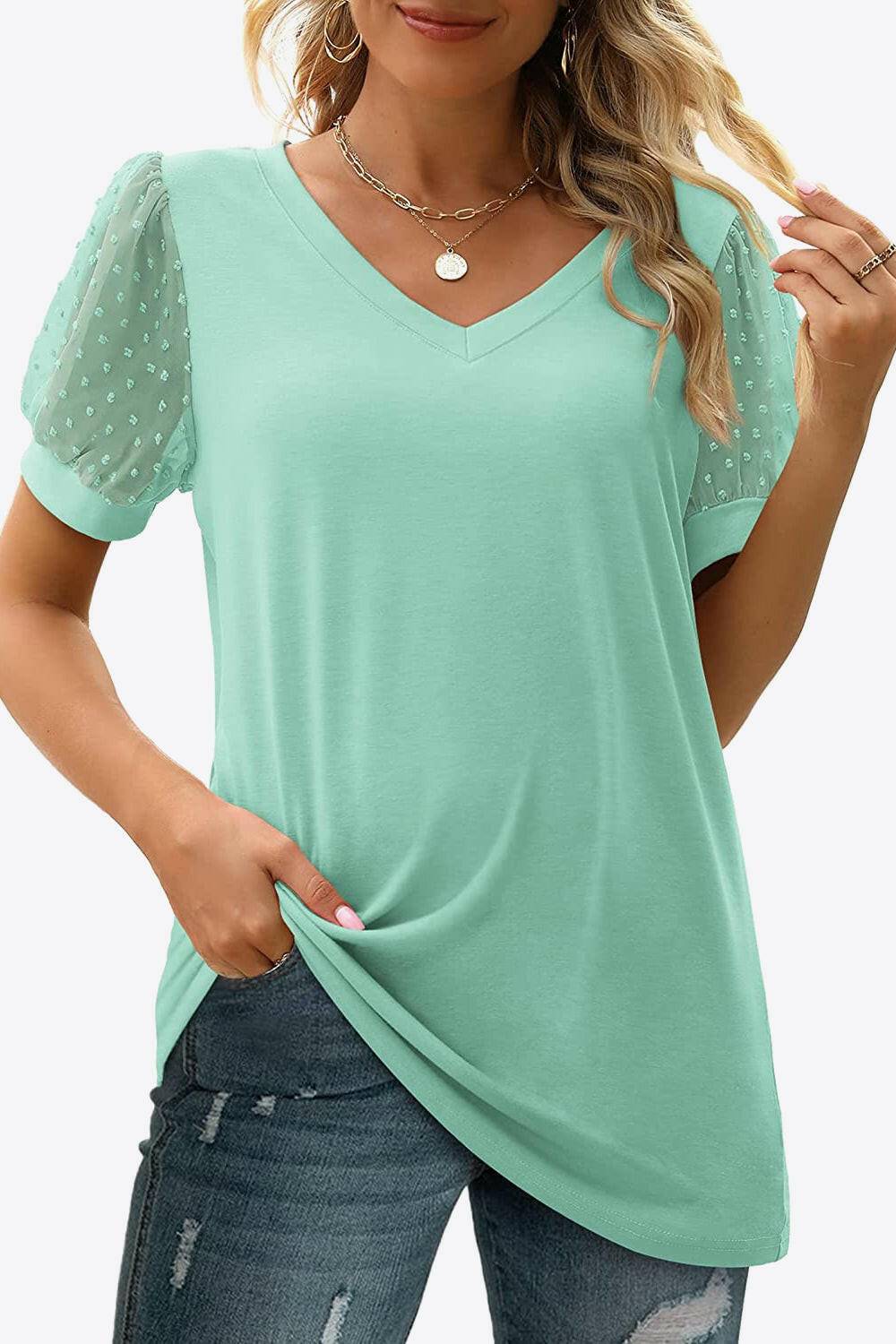 Swiss Dot Puff Sleeve V-Neck Tee - Carri's Cache