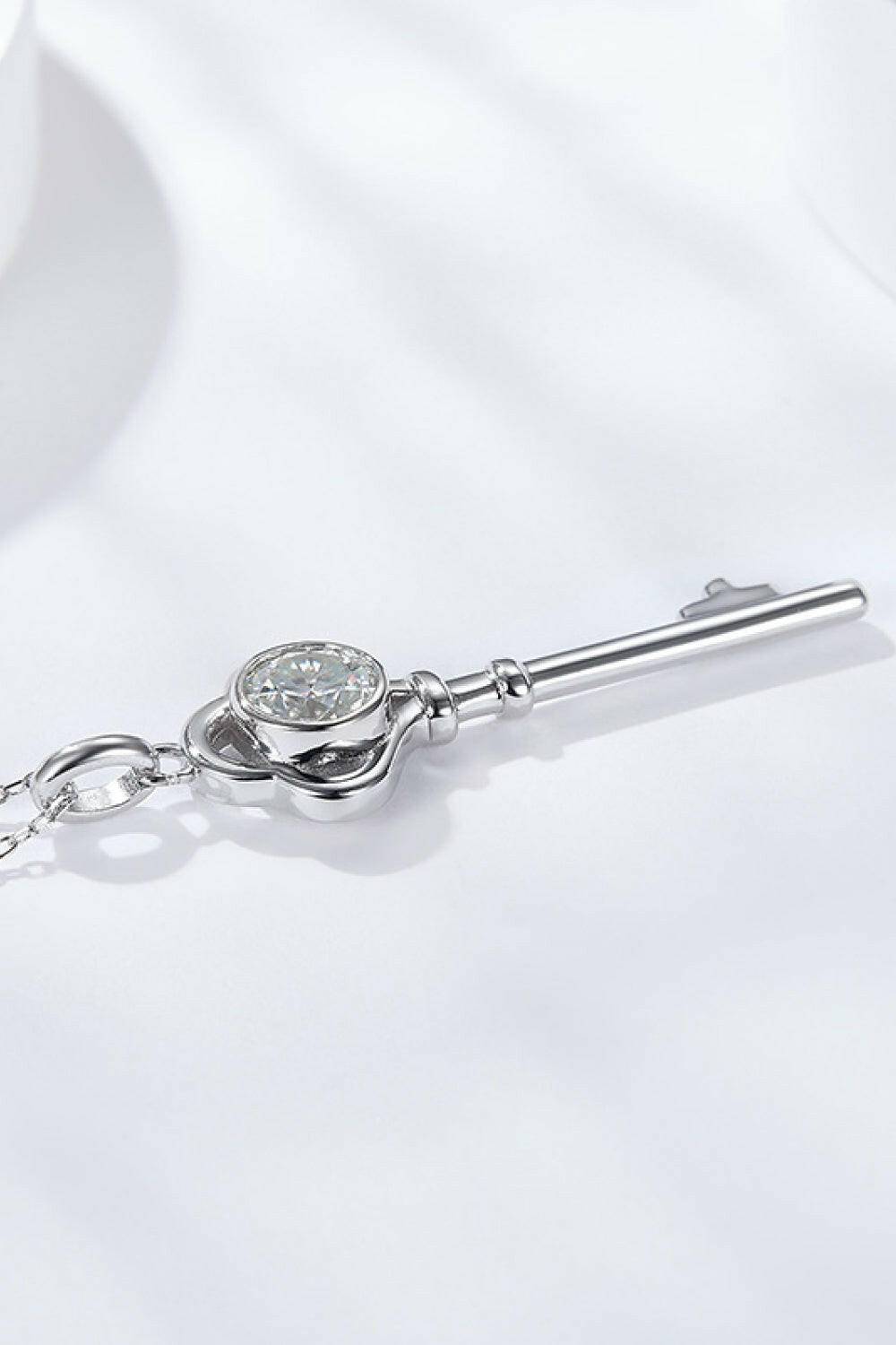 925 Sterling Silver 1 Carat Moissanite Key Pendant Necklace.