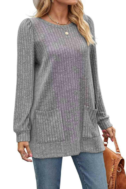 Ribbed Round Neck Long Sleeve T-Shirt - Carri's Cache