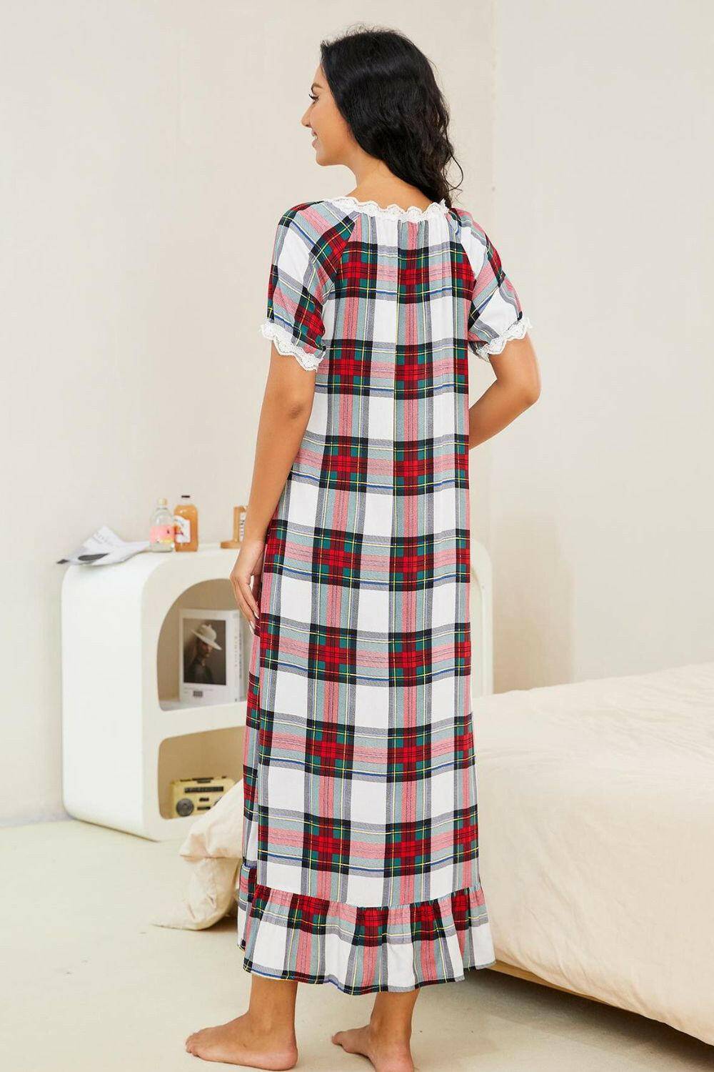 Plaid Lace Trim Ruffle Hem Night Dress.