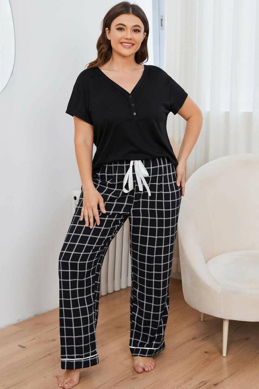 Plus Size V-Neck Top and Plaid Pants Lounge Set - Carri's Cache