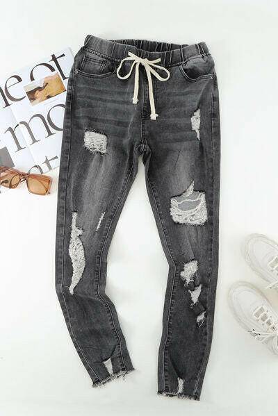 Drawstring Distressed Raw Hem Jeans with Pockets - Carri's Cache