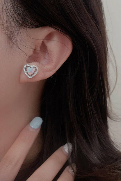 925 Sterling Silver Opal Heart Stud Earrings.