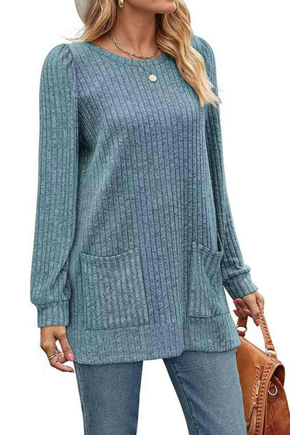 Ribbed Round Neck Long Sleeve T-Shirt - Carri's Cache