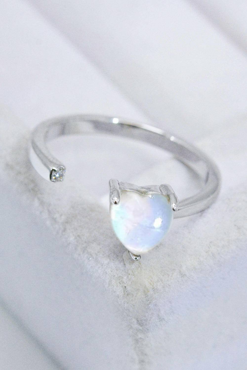 Inlaid Moonstone Heart Adjustable Open Ring.