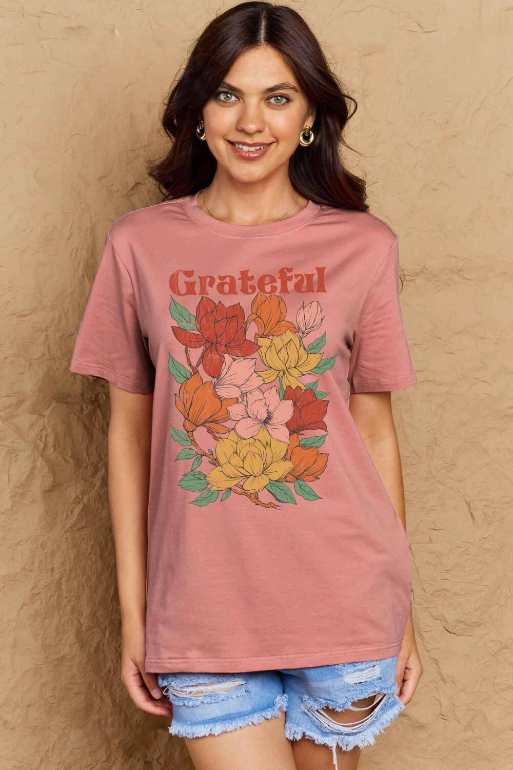 Simply Love Full Size GRATEFUL Flower Graphic Cotton T-Shirt - Carri's Cache