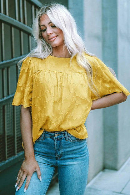 Round Neck Puff Sleeve Blouse - Carri's Cache