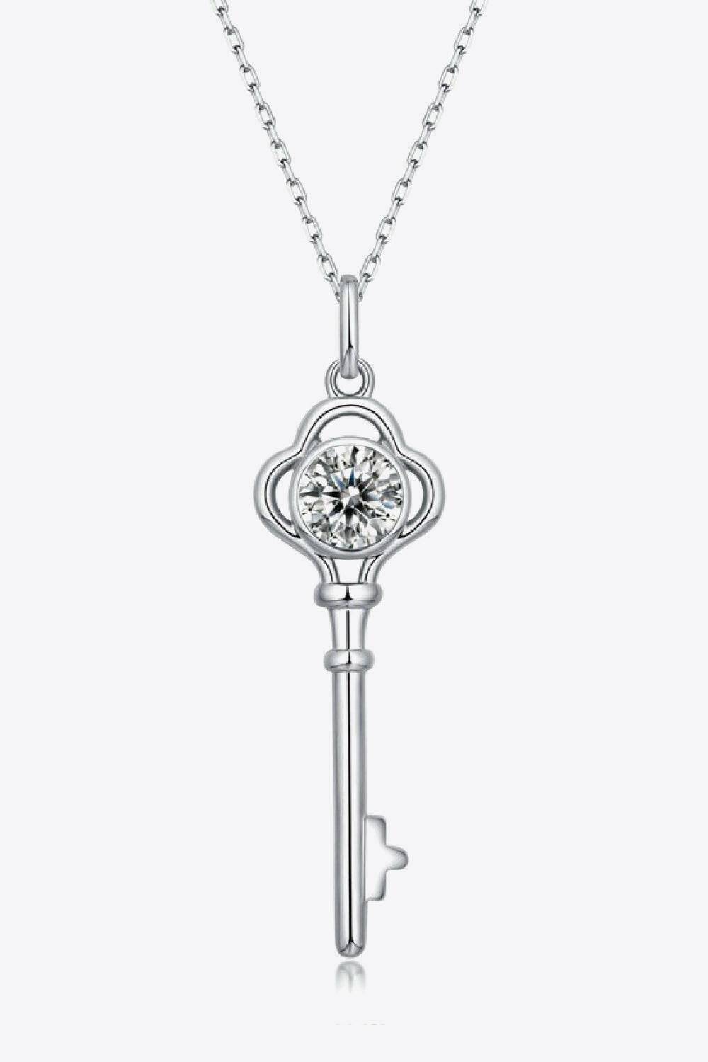 925 Sterling Silver 1 Carat Moissanite Key Pendant Necklace.