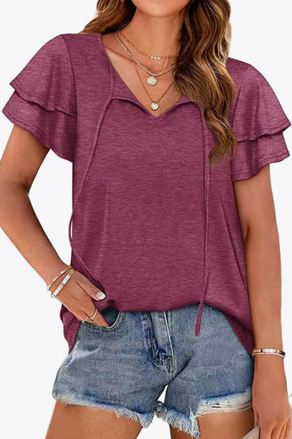 Tie-Neck Layered Flutter Sleeve Blouse.