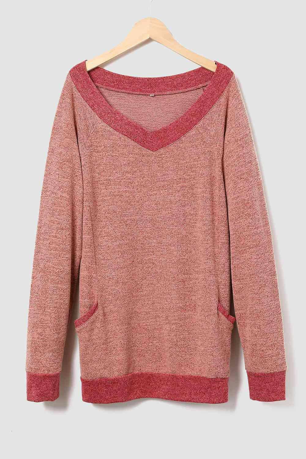 V-Neck Long Sleeve Sweatshirt with Pockets - Carri's Cache