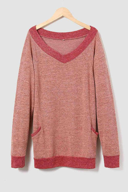 V-Neck Long Sleeve Sweatshirt with Pockets - Carri's Cache