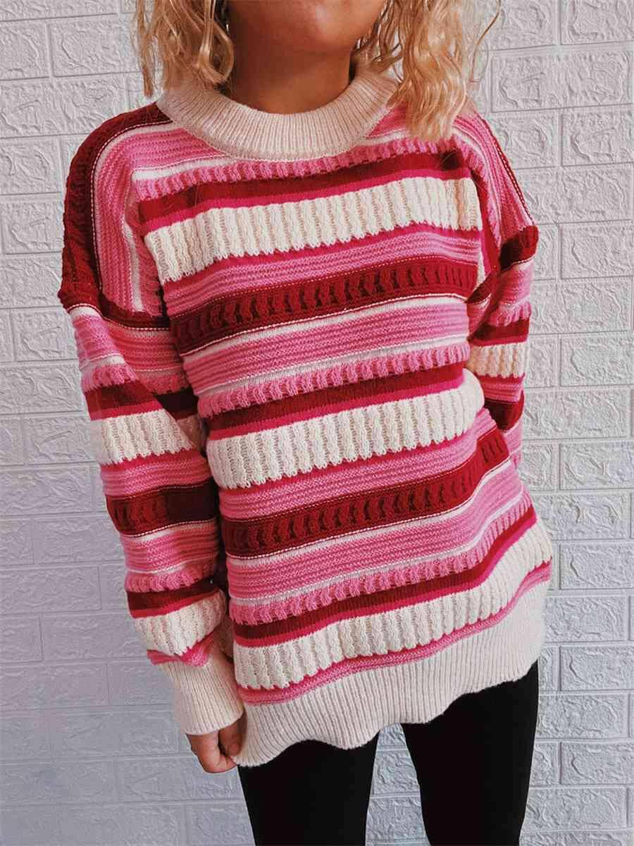 Striped Drop Shoulder Round Neck Sweater - Carri's Cache