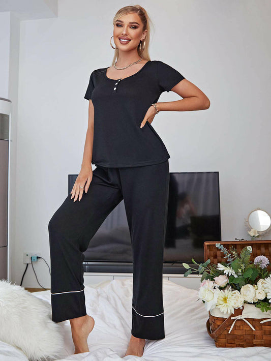 Scoop Neck Top and Elastic Waist Pants Lounge Set.