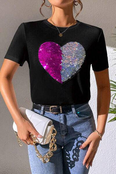 Heart Sequin Round Neck Short Sleeve T-Shirt - Carri's Cache