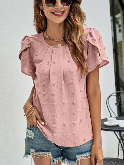 Swiss Dot Round Neck Petal Sleeve Top.